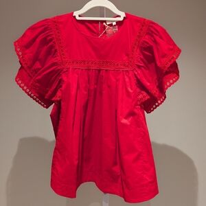 NWT Easel Red Eyelet Flutter Buttons Sleeve Top Shirt Blouse Sz S